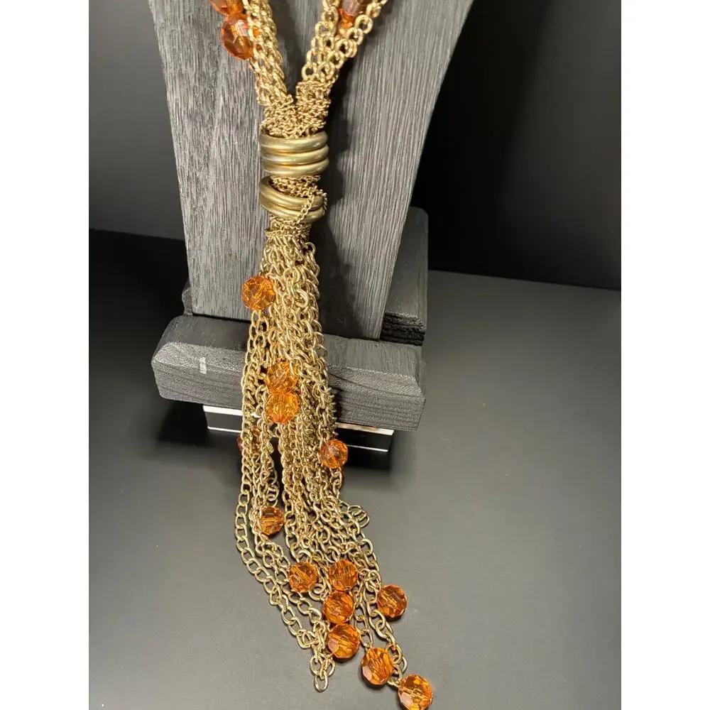 Vintage Gold Chain Fringe Necklace Amber Faceted Bead Statement